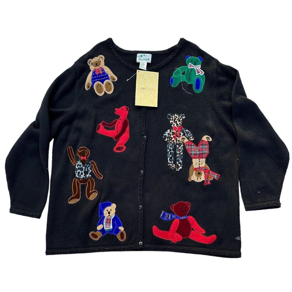 Quaker Factory Playfull Teddy Bears Sweater Vintage Black 2X NWT QVC - Picture 1 of 6